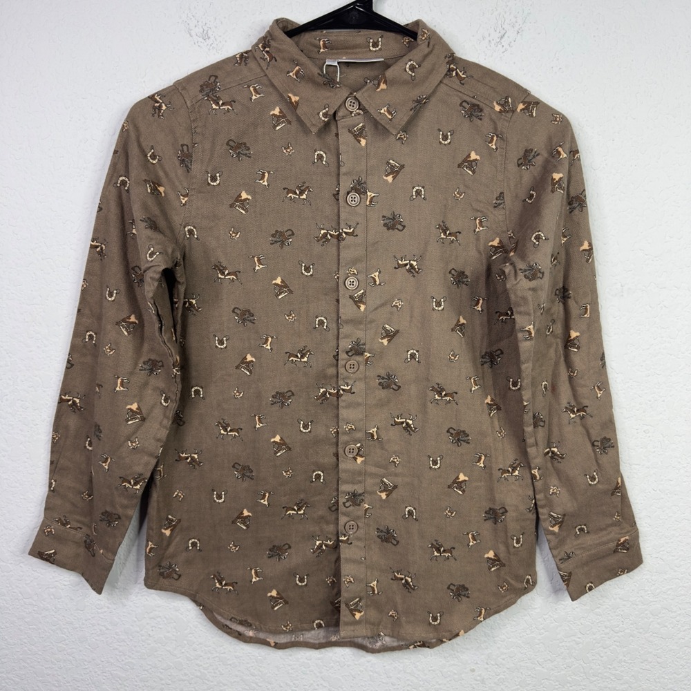 Rachel‎ Riley Button Down Shirt Boys 10Y Brown Equestrian Horse Western Cowboy